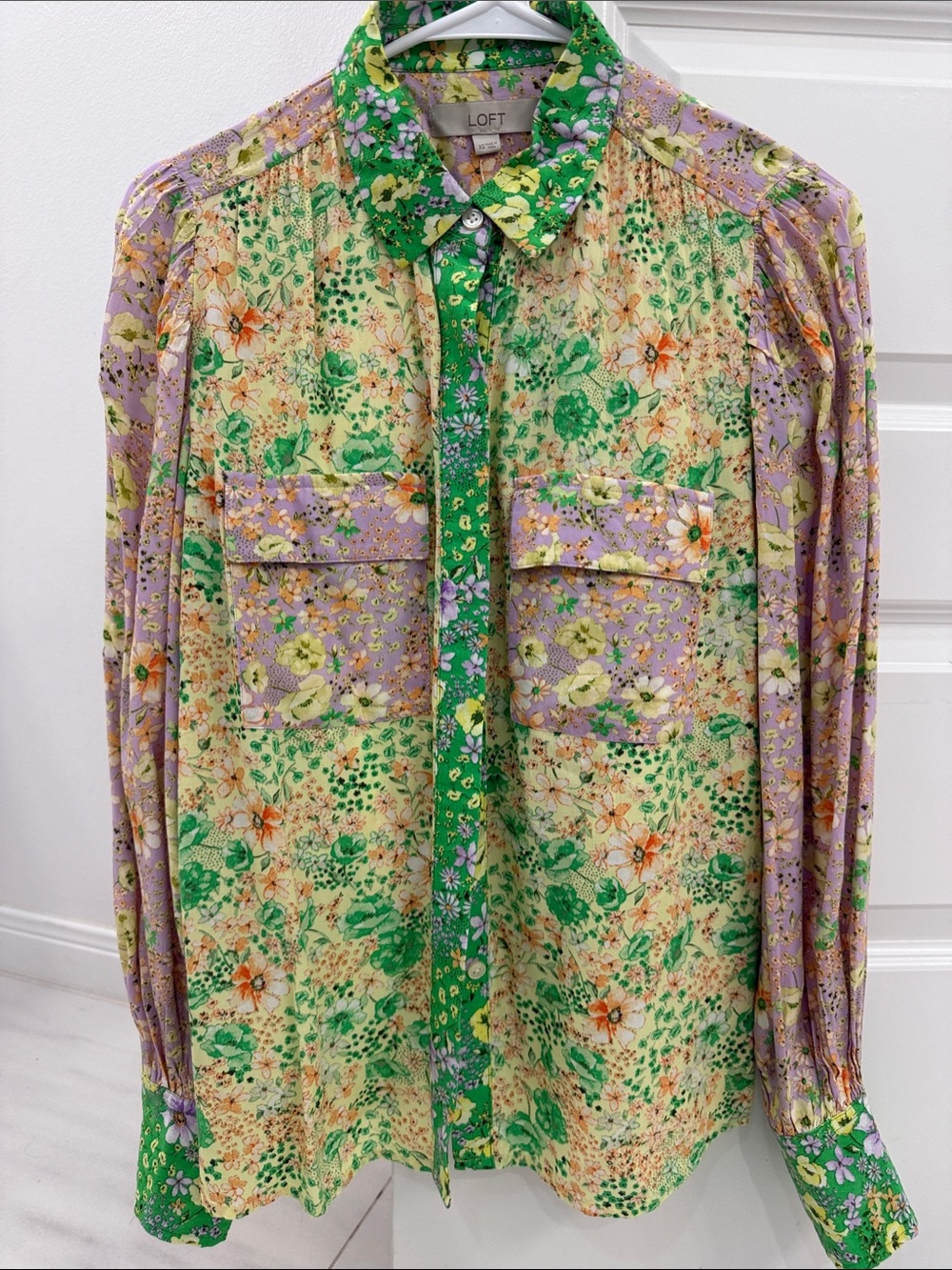 LOFT Multicolor Floral Button-Up Shirt - Green & Lavender